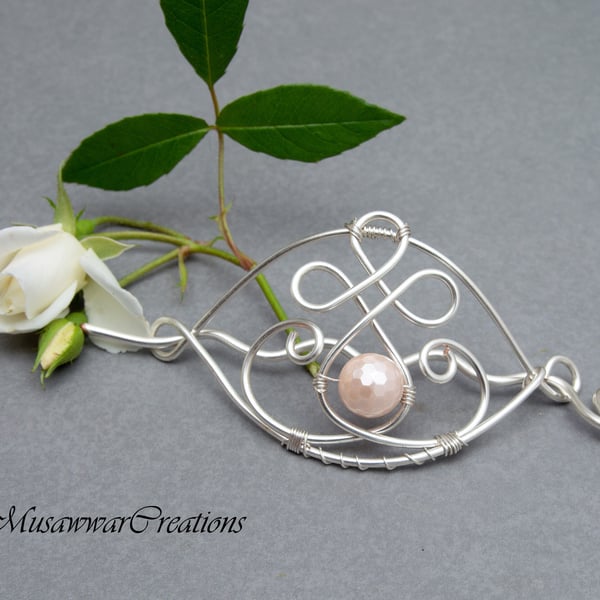 Rose pink shell pearl silver plated copper hair slide, hair bun holder,