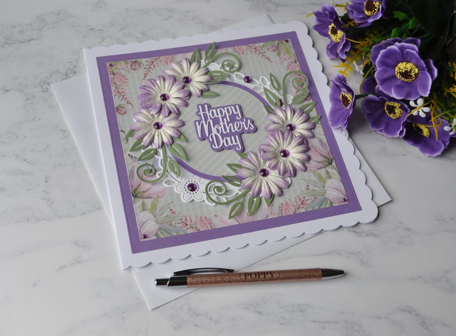 3D Luxury Handmade Card Happy Mother's Day Purple Handmade Flowers