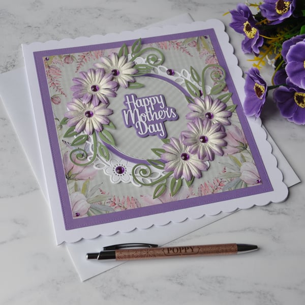 3D Luxury Handmade Card Happy Mother's Day Purple Handmade Flowers
