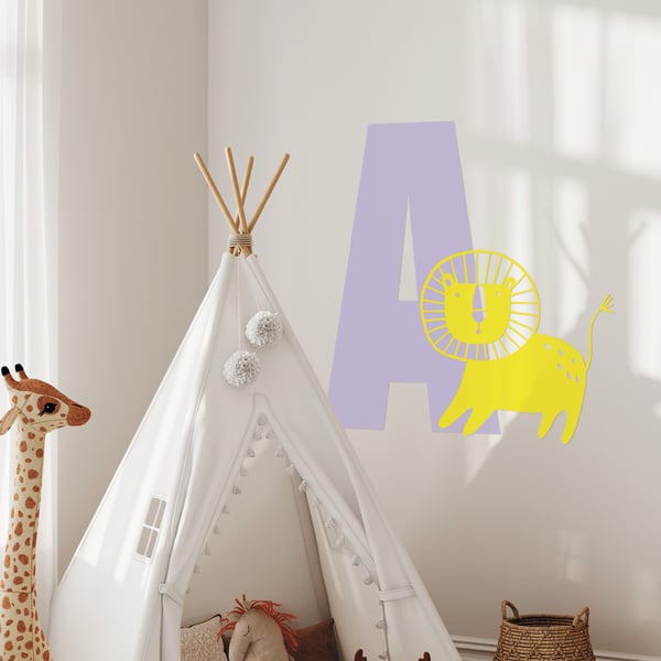 Personalised Initial & Animal Wall Sticker - Lion: Custom Kids Room Decor