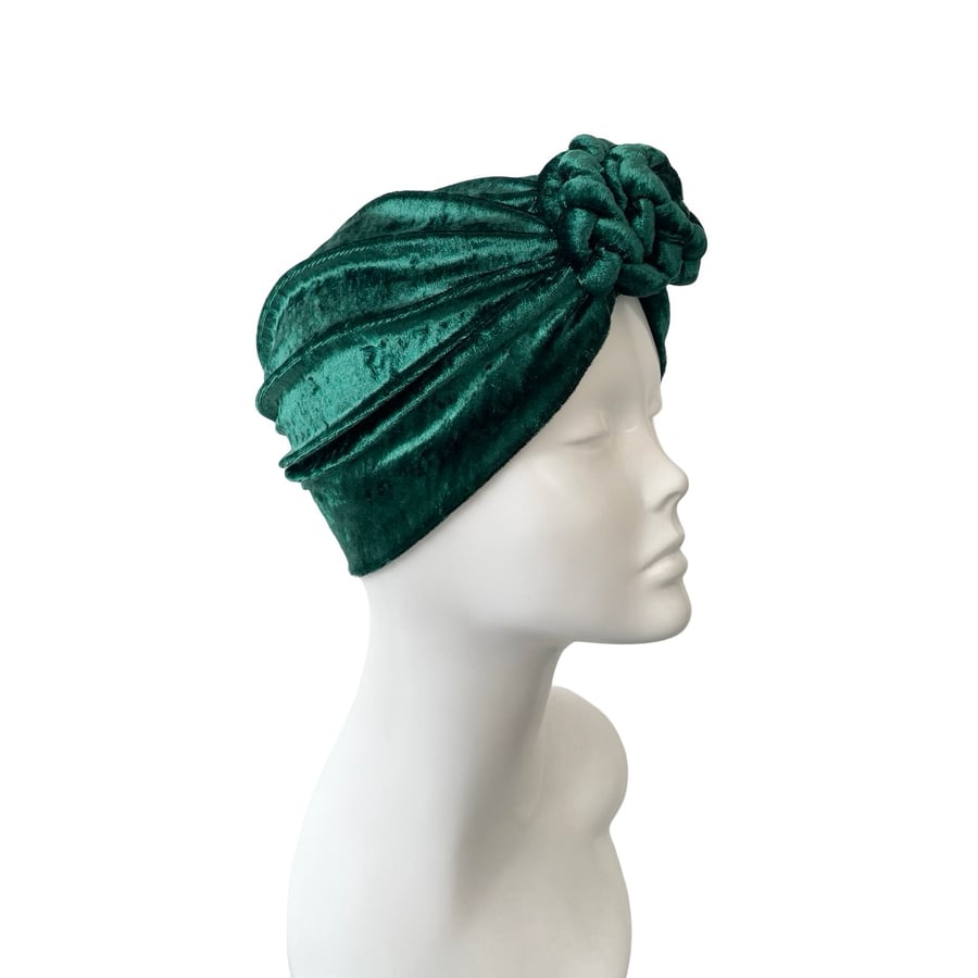 Chain Knot Turban Hat - Green Stretch Velvet Turban Head Wrap Soft Velvet 1940s 
