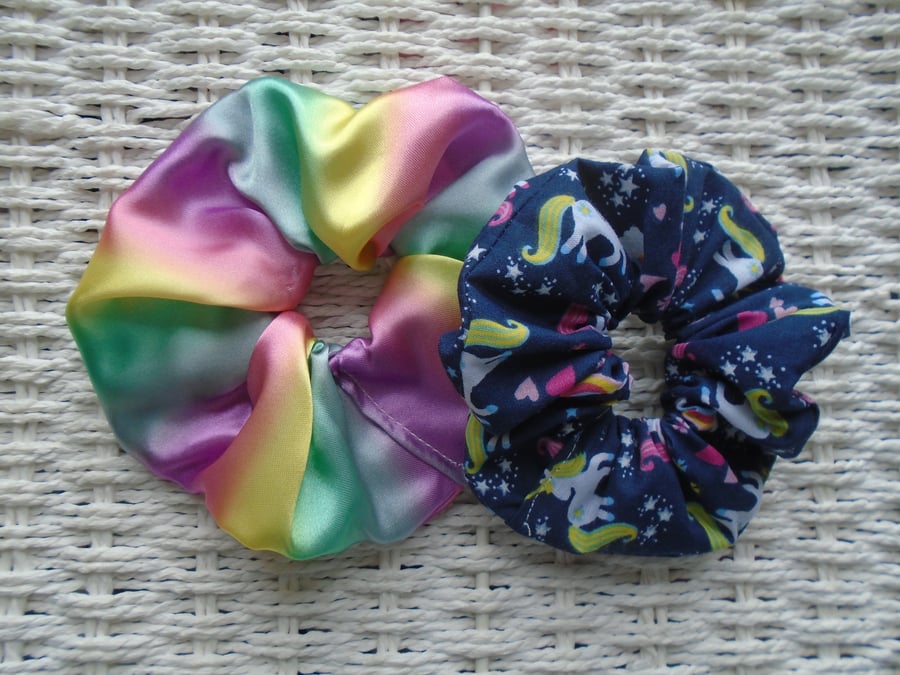 Pack of 2 Hair Scrunchies Blue Unicorn & Rainbow 