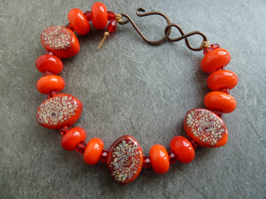 orange lampwork glass bracelet, copper jewellery