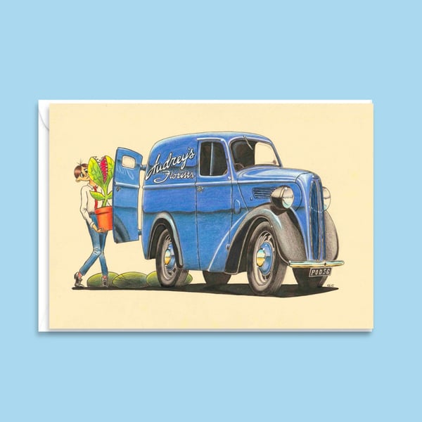 Cartoon Florist Van Greetings Card and Envelope, Blank Inside (6"x4")