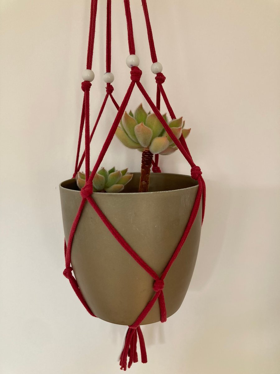 Macrame plant holder made from up-cycled tee shirt