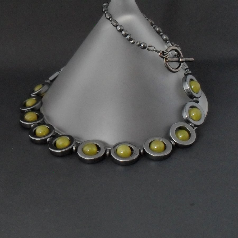 Olive green peridot & hematite necklace