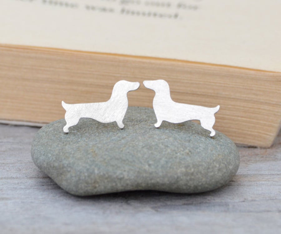 dachshund earring studs in sterling silver, sausage dog earring studs
