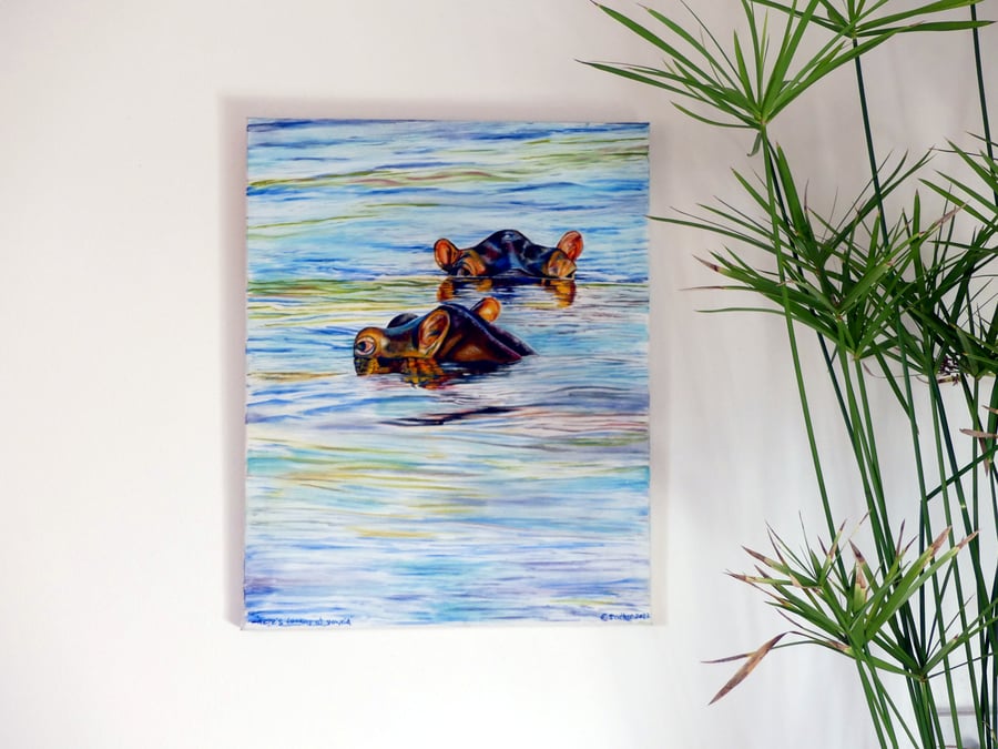 Hippopotamus Original Oil Painting of African Wildlife