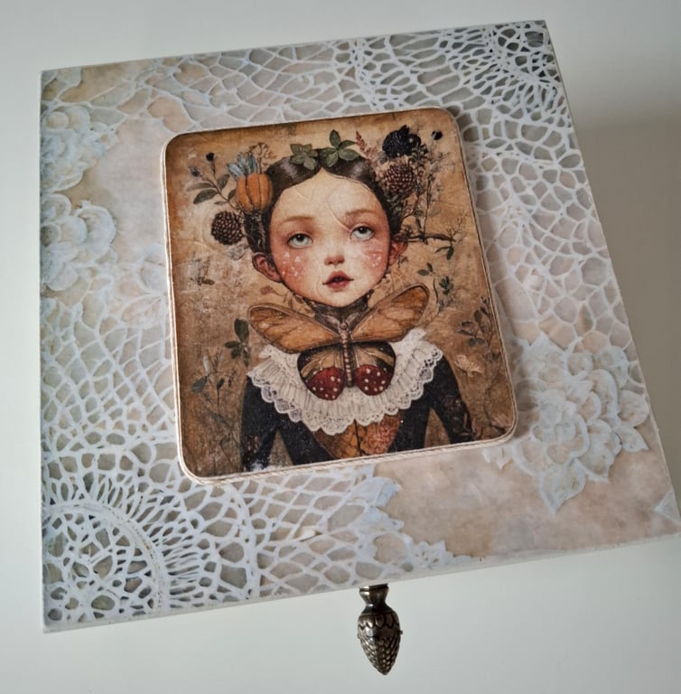 Decoupage Trinket Box, Whimsical Girl & Butterfly, Shabby Chic Jewellery Storage