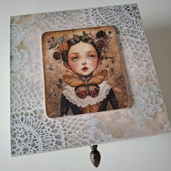 Decoupage Trinket Box, Whimsical Girl & Butterfly, Shabby Chic Jewellery Storage