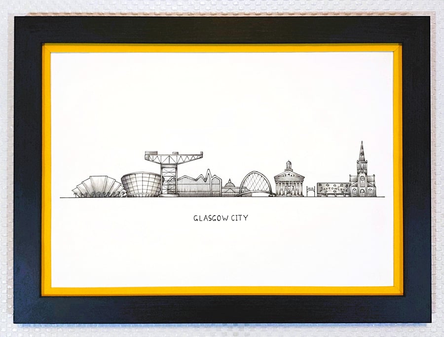Glasgow Cityscape Handmade Unique Framed A3 Print Yellow Border Wallart Gift