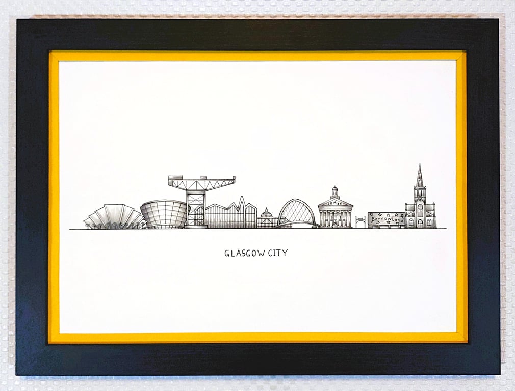 Glasgow Cityscape Handmade Unique Framed A3 Print Yellow Border Wallart Gift