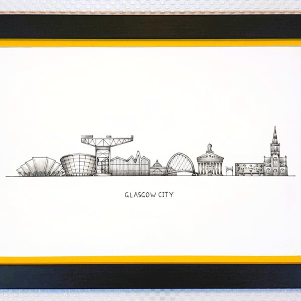 Glasgow Cityscape Handmade Unique Framed A3 Print Yellow Border Wallart Gift