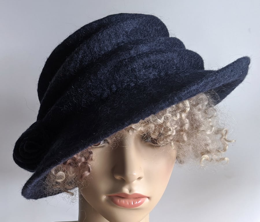 Dark navy (mottled) felted wool hat - 'The Crush' - designed to pack flat