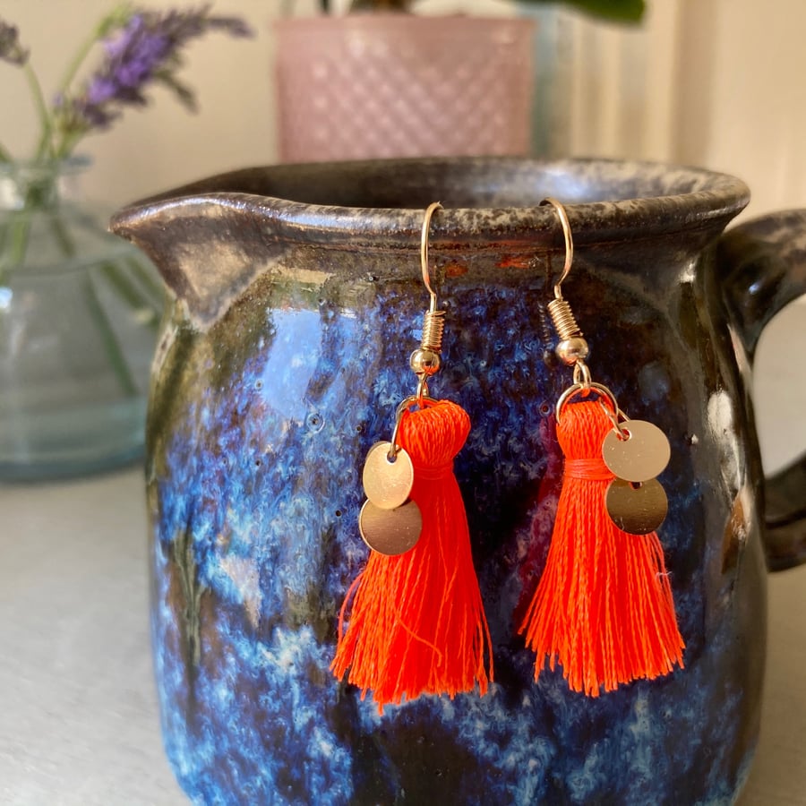 Bright Orange & Gold Tassel Earrings