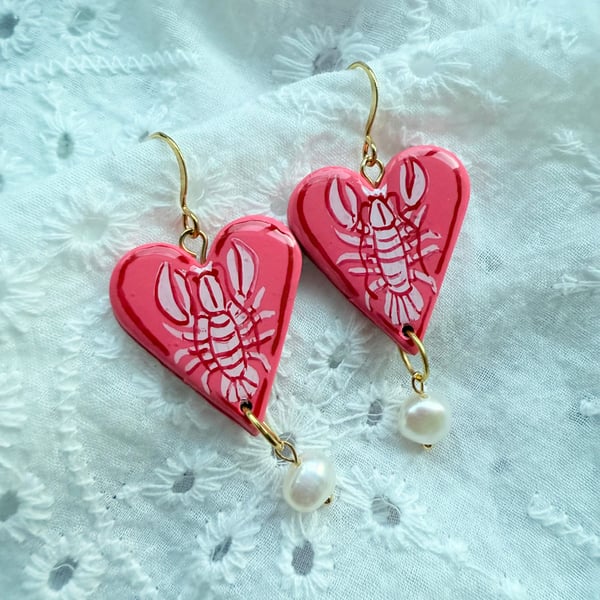 Lobster Pink Heart Pearl Drop Earrings - FREE SHIPPING