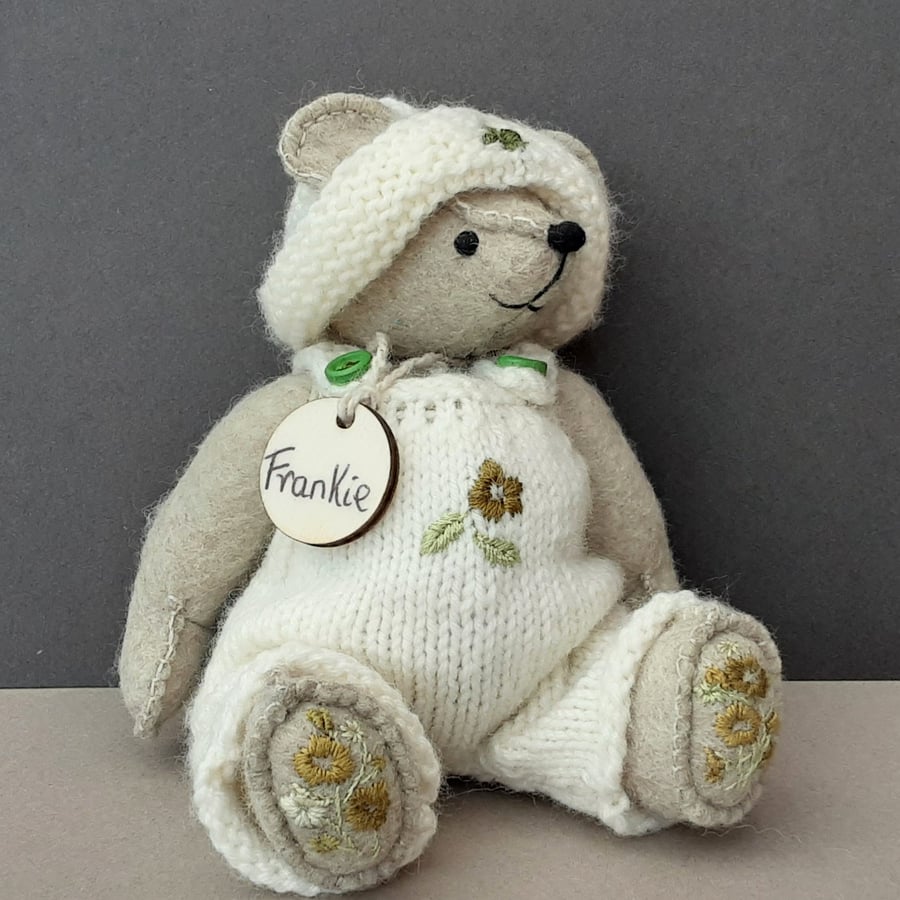 Unique hand sewn teddy bear, mini dressed artist bear,handmade Bearlescent bear 