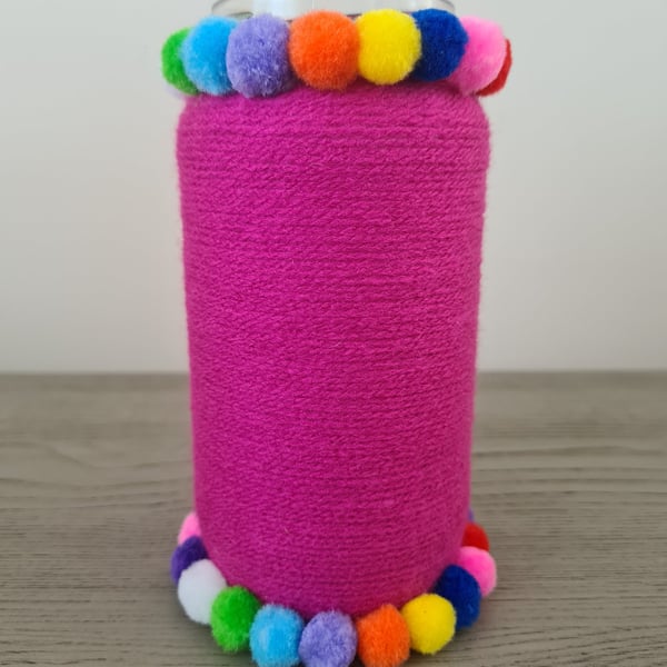 Handmade Yarn Wrapped Vase With  Colourful PomPom Detail