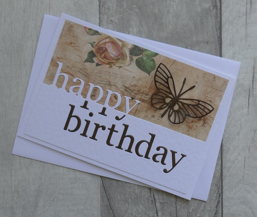 Brown Butterfly and Vintage Rose - Happy Birthday - Birthday Card