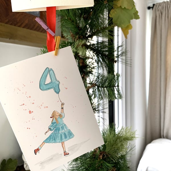 4th Birthday Card - Birthday Girl - Original painting