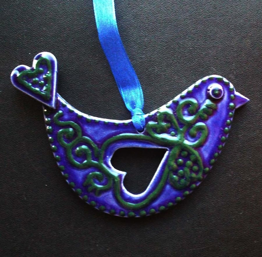 ceramic folk art royal blue bird decoration 