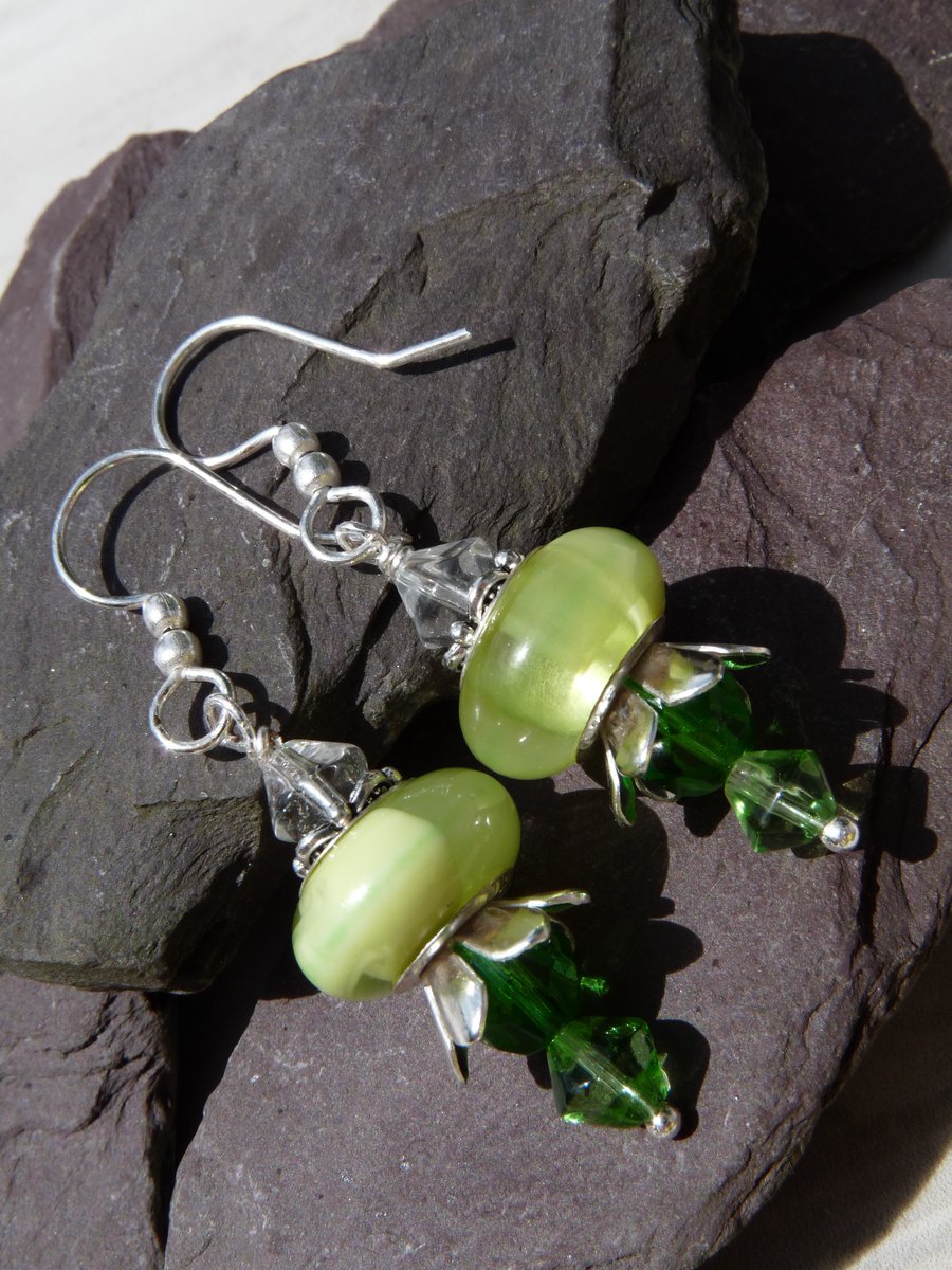 Green Glass Flower Beaded Earrings, Boho Festival Charm Earrings 