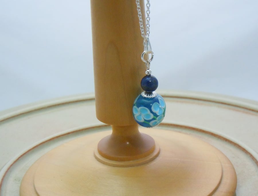 Sterling Silver Lampwork glass & Lapis Lazuli bead necklace pendant