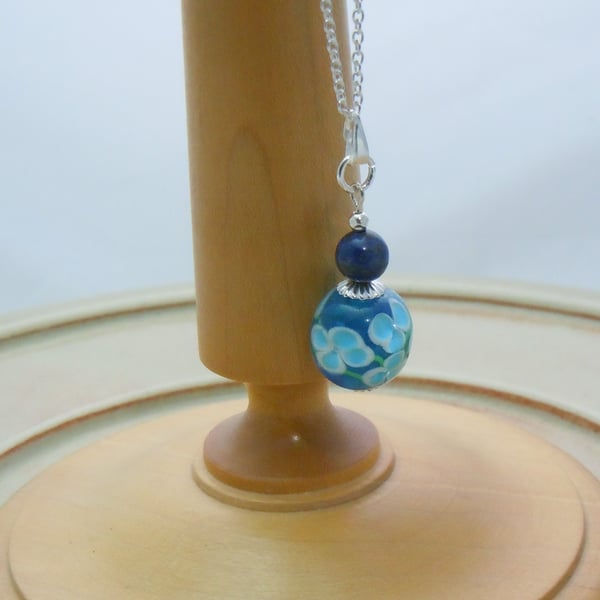 Sterling Silver Lampwork glass & Lapis Lazuli bead necklace pendant