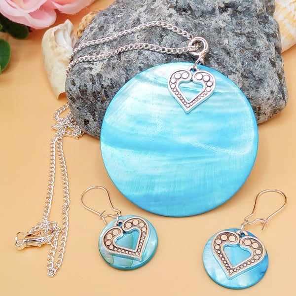 Turquoise Shell and Heart Pendant with Matching Earrings, Gift for Her
