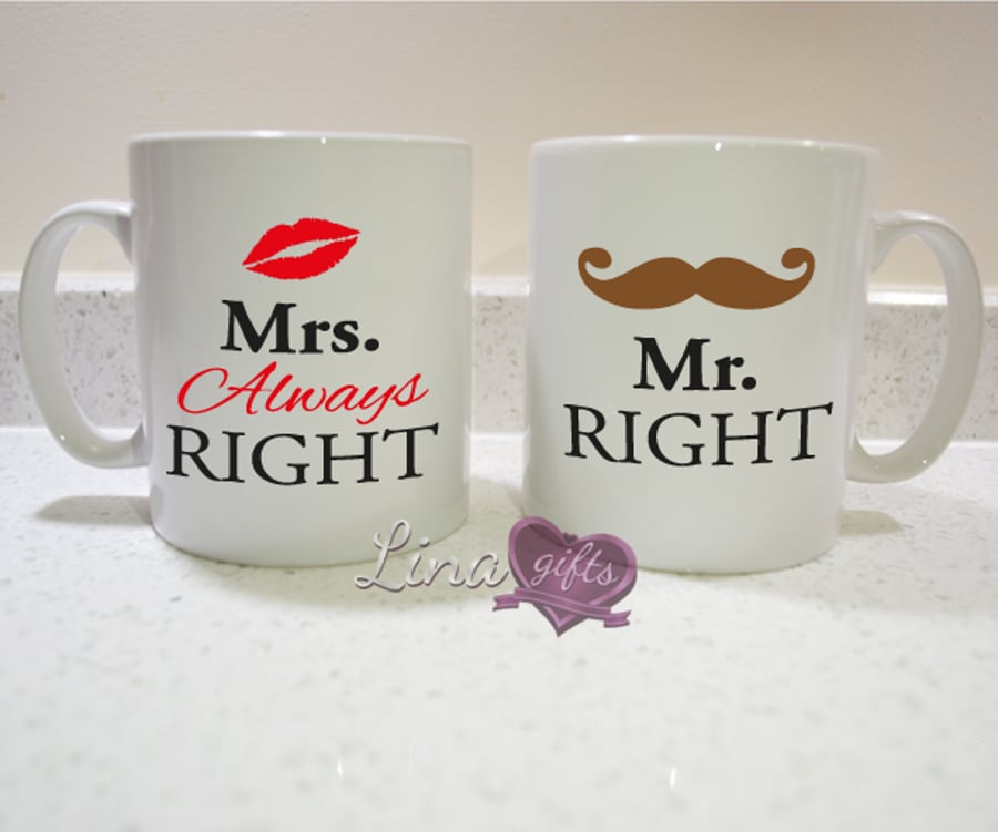 Mr Right Mrs Always Right funny couples his hers white ceramic MUG SET, cup set