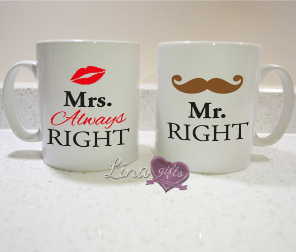 Mr Right Mrs Always Right funny couples his hers white ceramic MUG SET, cup set