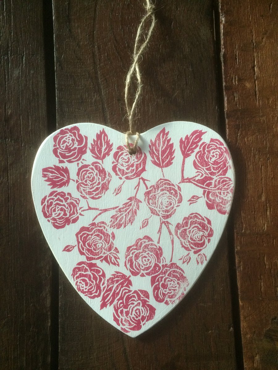 Hand Printed Wooden Heart with Roses 