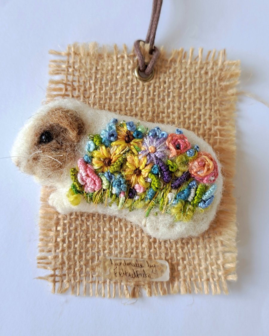 Guinea Pig Brooch Felted and Embroidered