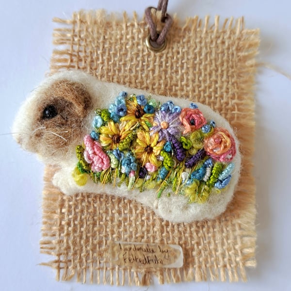 Guinea Pig Brooch Felted and Embroidered