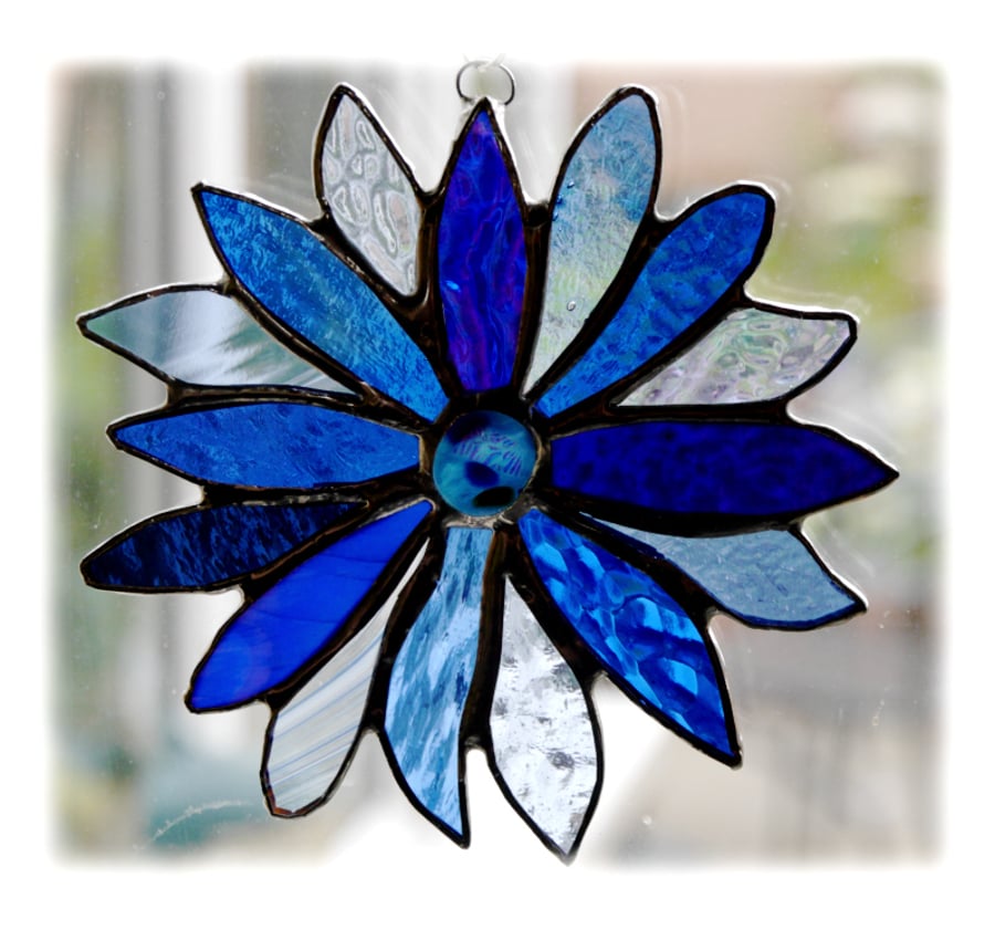 Winter Blues Flower Stained Glass Suncatcher Handmade 02