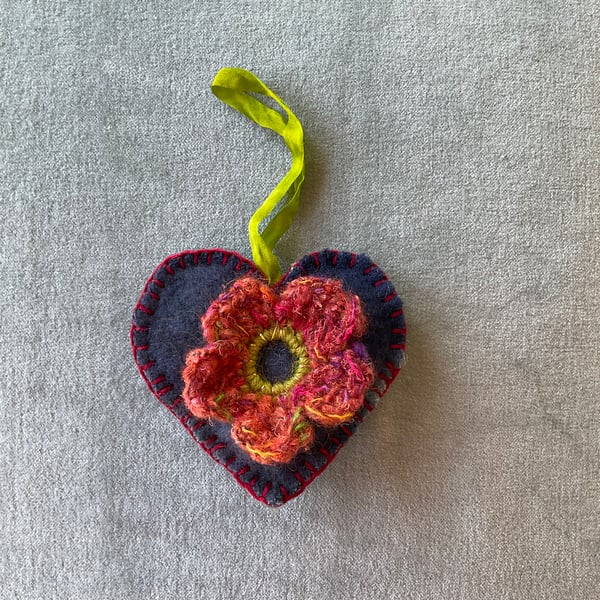 Luxury fabric heart decoration - deep blue, crocheted flower