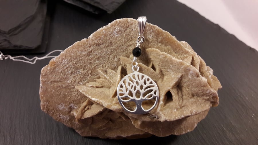 Sterling Silver Tree of Life and Black Agate Necklace (birthstone customisable)
