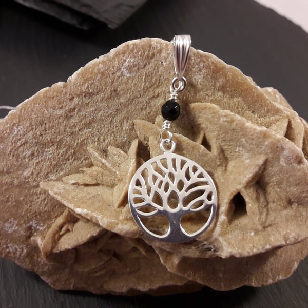 Sterling Silver Tree of Life and Black Agate Necklace (birthstone customisable)