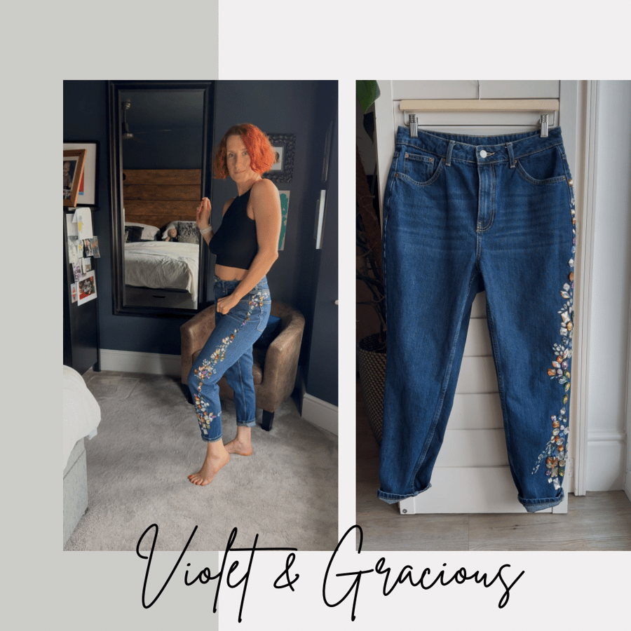 Reworked Jewelled Denim Jeans . Hand Beaded Jeans . size 12 . W30 L30