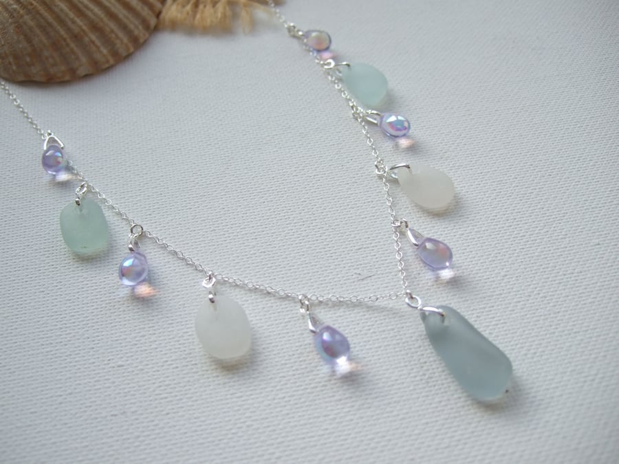 Seaham Grey White Sea Foam Beach Glass Necklace, Alexandrite Beads Sterling 18"