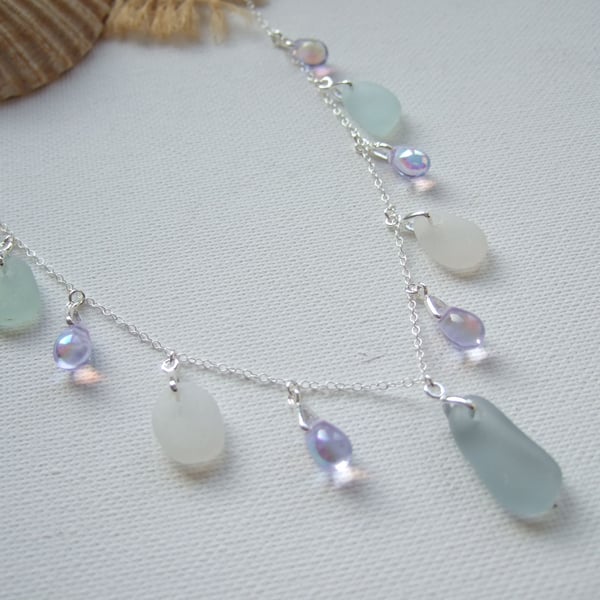 Seaham Grey White Sea Foam Beach Glass Necklace, Alexandrite Beads Sterling 18"