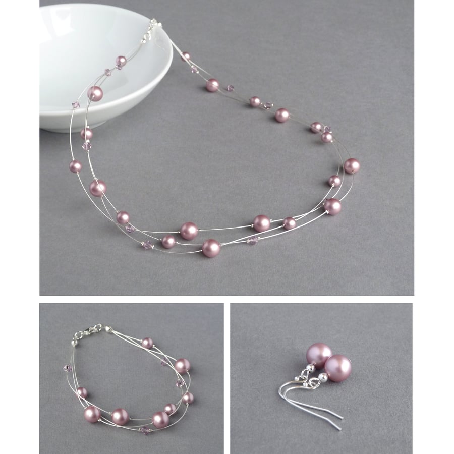 Dusky Pink Jewellery Set - Floating Pearl Necklace, Bracelet and Stud Earrings