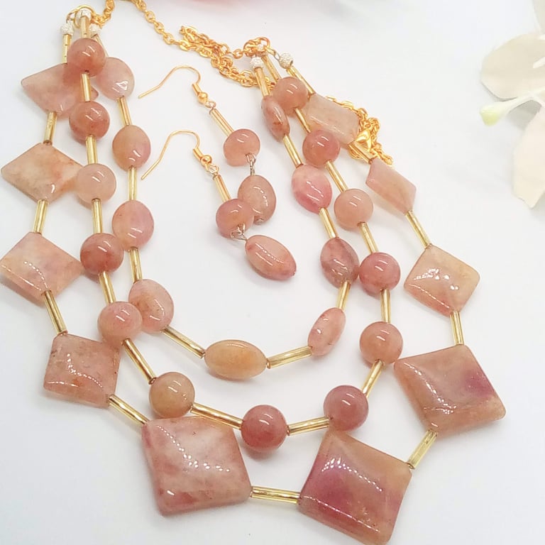 3 Strand Strawberry Quartz and Gold Plated Chain Jewellery Set, Gift for Her