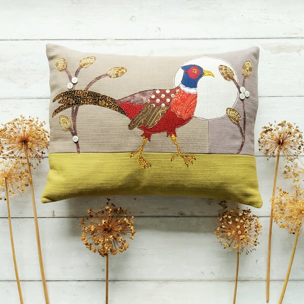 Running Pheasant Cushion with Freemotion Sewn Applique