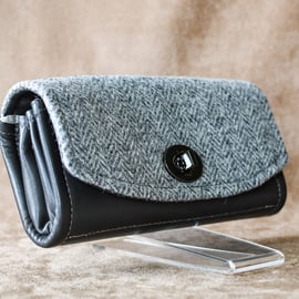 Soft grey leather and Harris Tweed clutch purse wallet