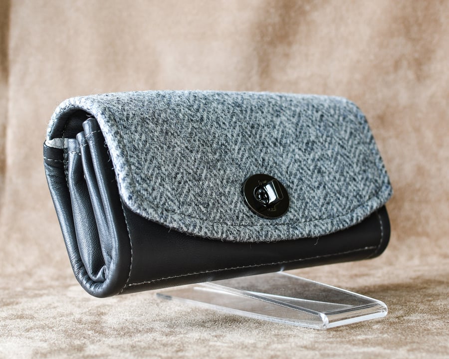 Soft grey leather and Harris Tweed clutch purse wallet