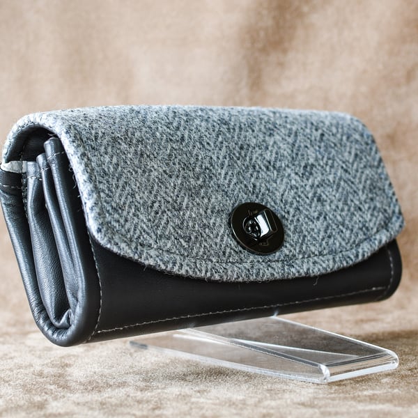 Soft grey leather and Harris Tweed clutch purse wallet