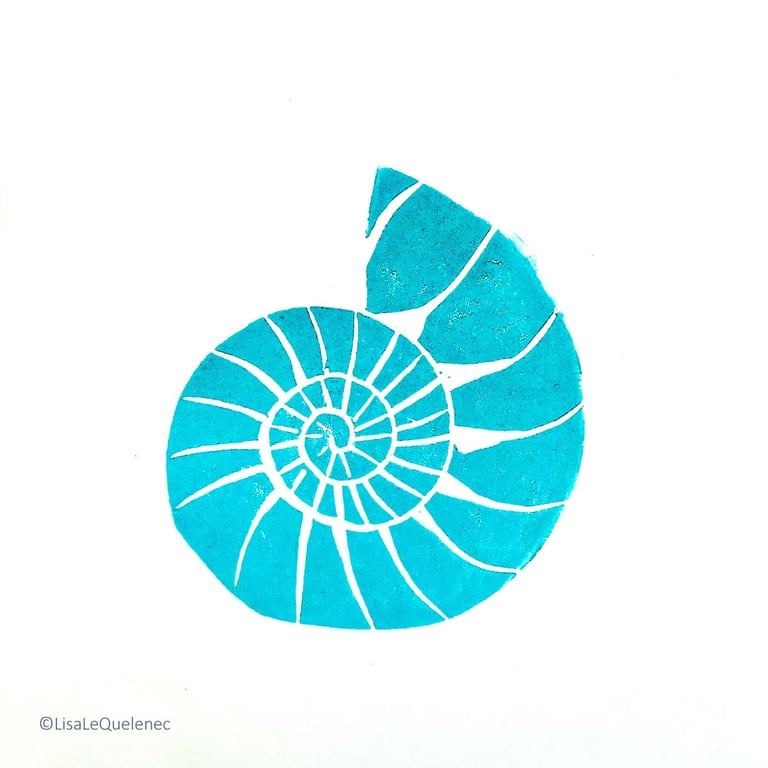 Hand printed art card turquoise ammonite