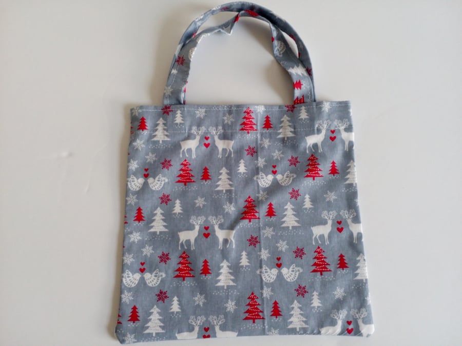 Christmas gift bag, Xmas gift bag, grey, red, white, reindeer, gifts, cotton bag