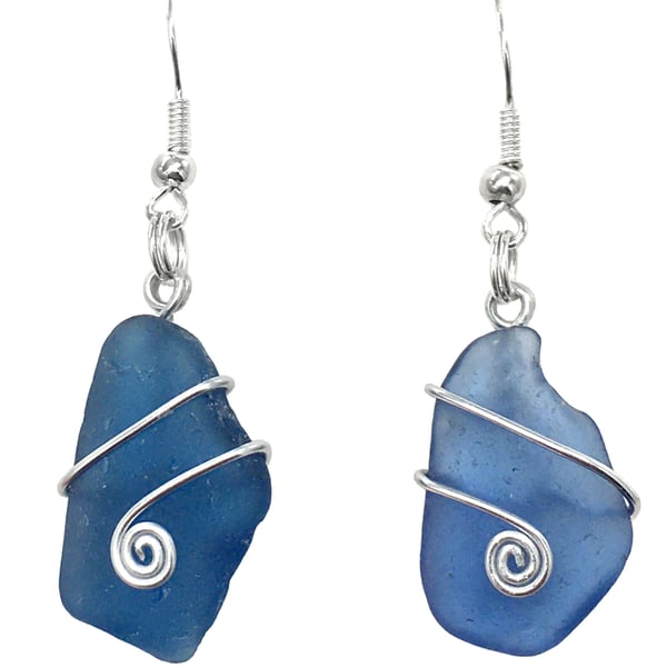 Blue Seaglass Drop Earrings. Handmade Wire Wrapped Scottish Sea Glass Jewellery